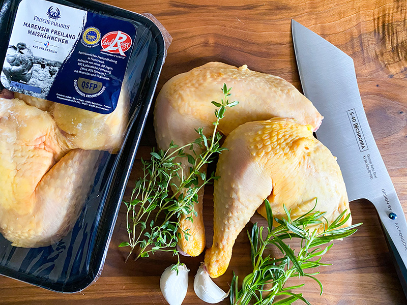 Redmountain BBQ Grillkurs Erkelenz Coq au Vin mit Marensin Maishuhn Frischeparadies Chroma Hakata Santoku
